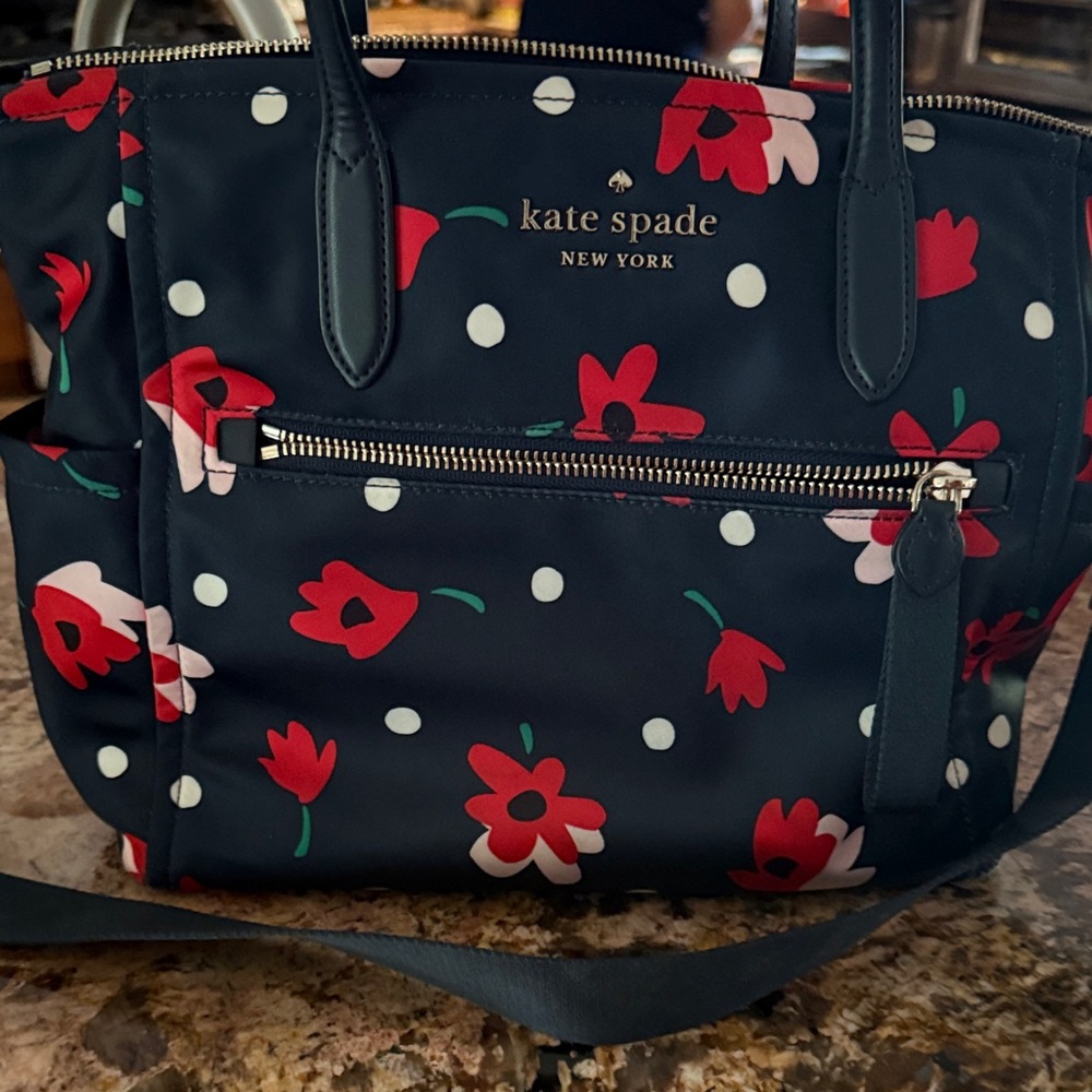 Kate Spade Blue Tote with Red Floral Design